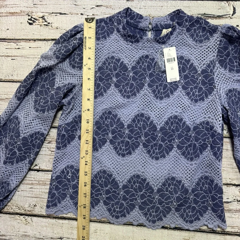 Dolan Anthropologie Left Coast Mock-Neck Lace Blouse XS Blue Puff Sleeve NWT